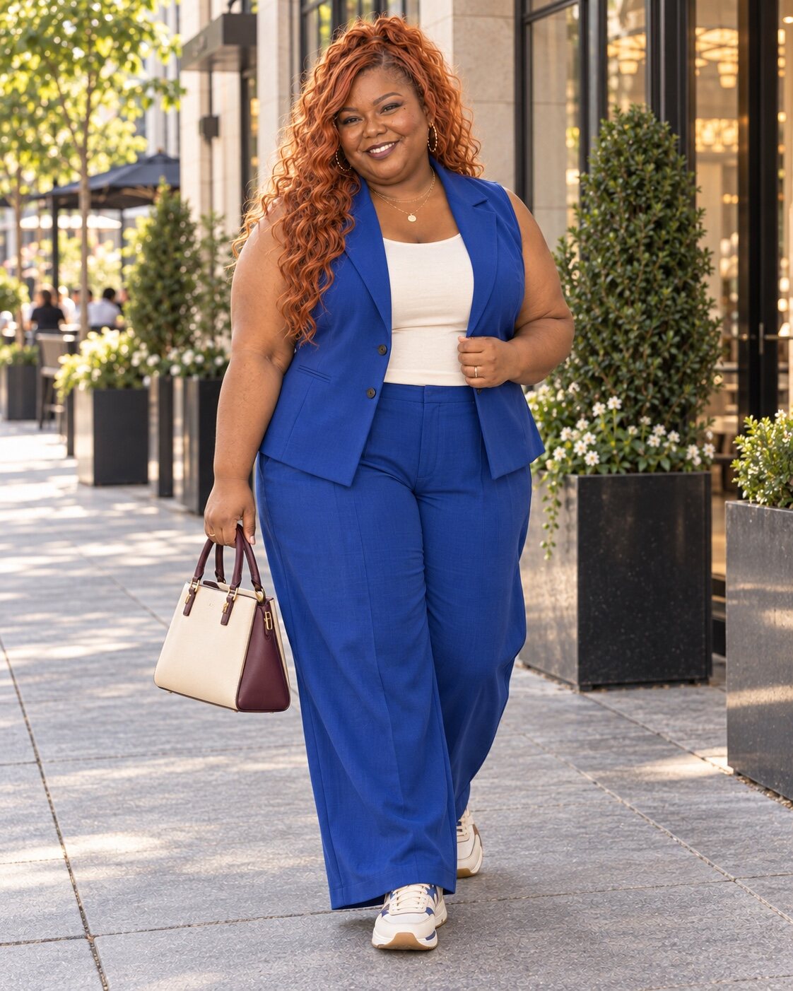Cori smiling in a cobalt blue suit in the city