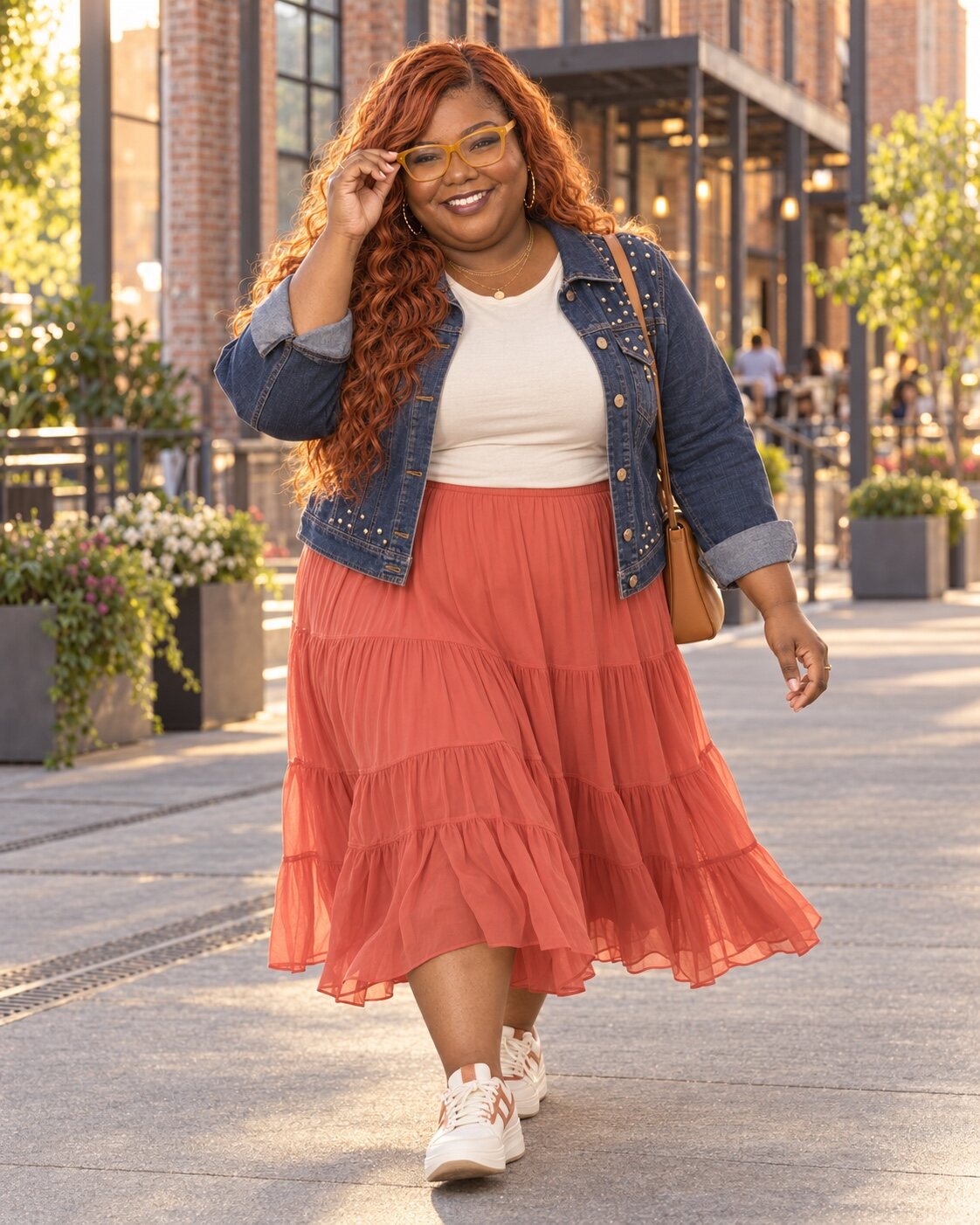 Cori in a coral skirt walking downtown