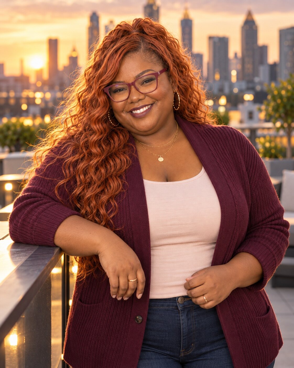 Cori Xari smiling at sunset with the Atlanta skyline behind her